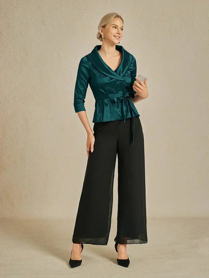 3/4 mouw stretch taffeta blouse met ceintuurdetail
