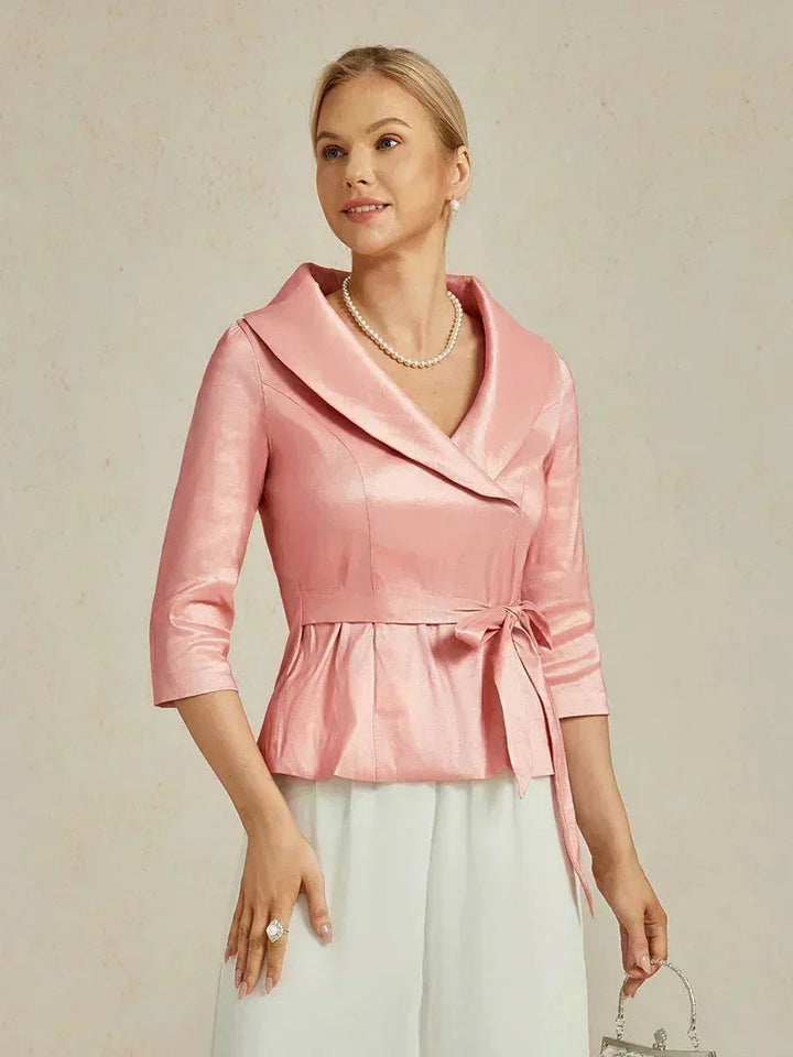 3/4 mouw stretch taffeta blouse met ceintuurdetail