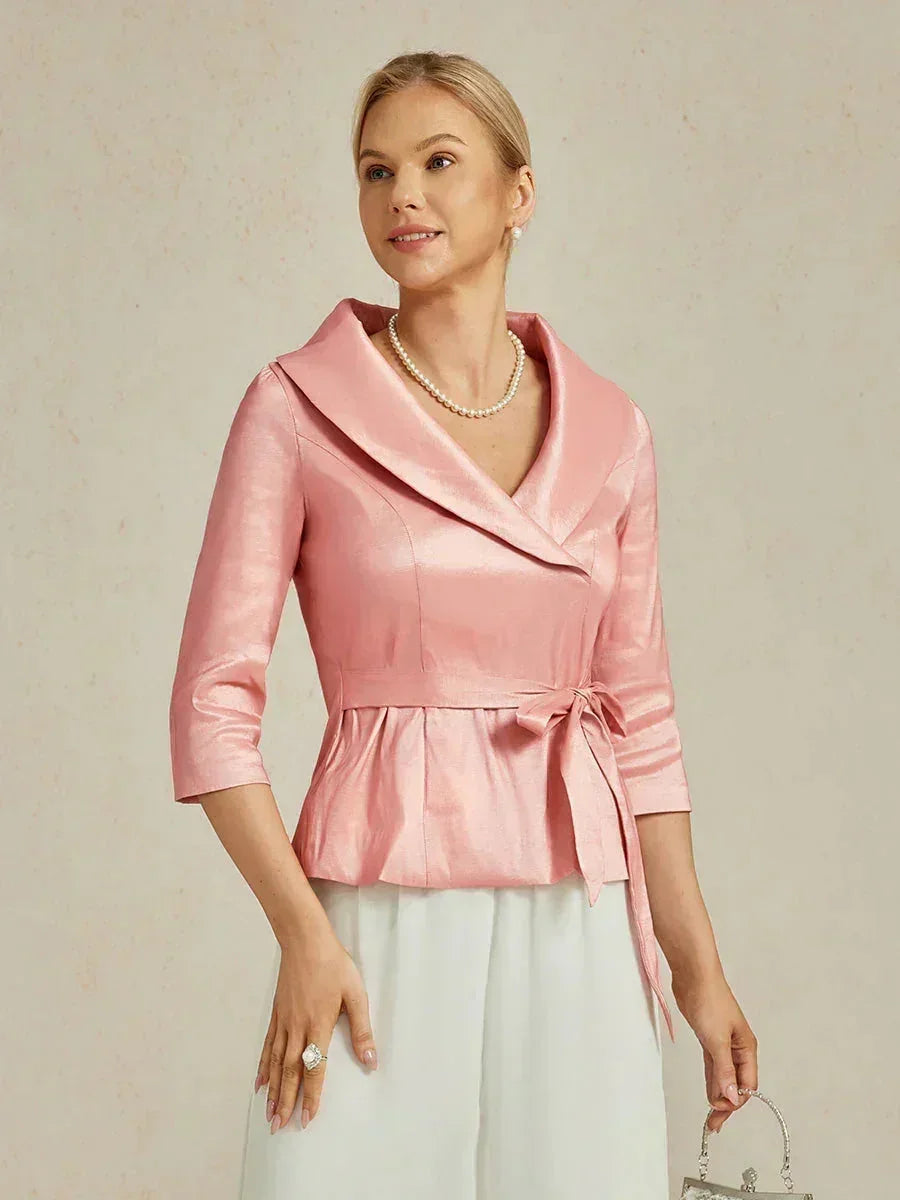 3/4-Sleeve Stretch Taffeta Blouse with Belt Detail