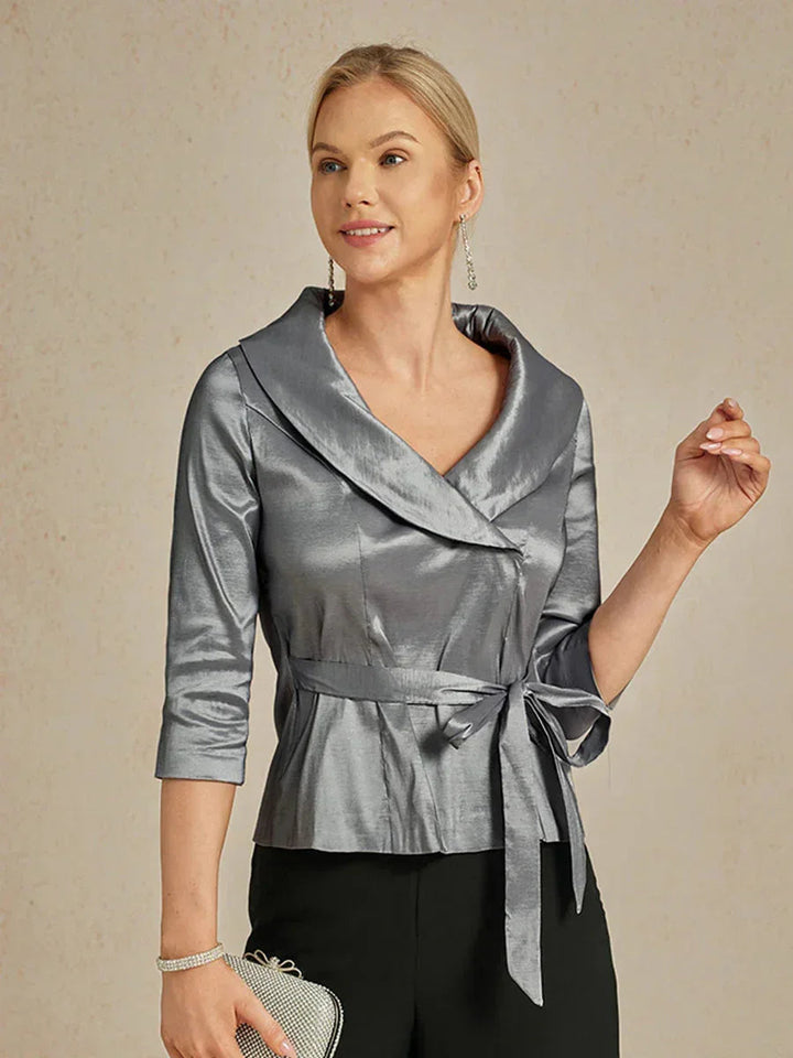 3/4-Sleeve Stretch Taffeta Blouse with Belt Detail