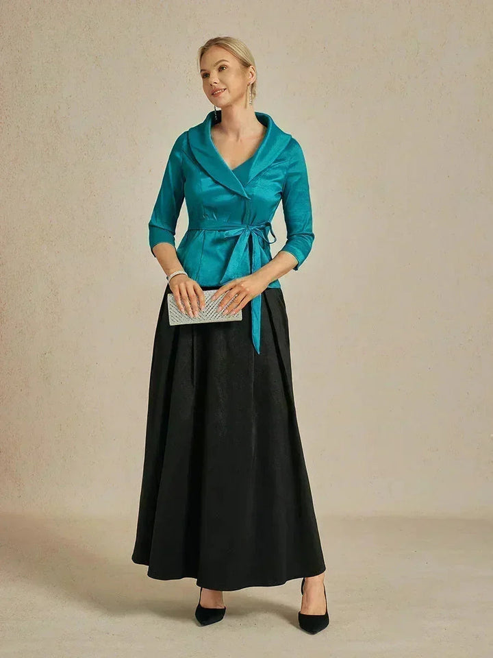3/4-Sleeve Stretch Taffeta Blouse with Belt Detail