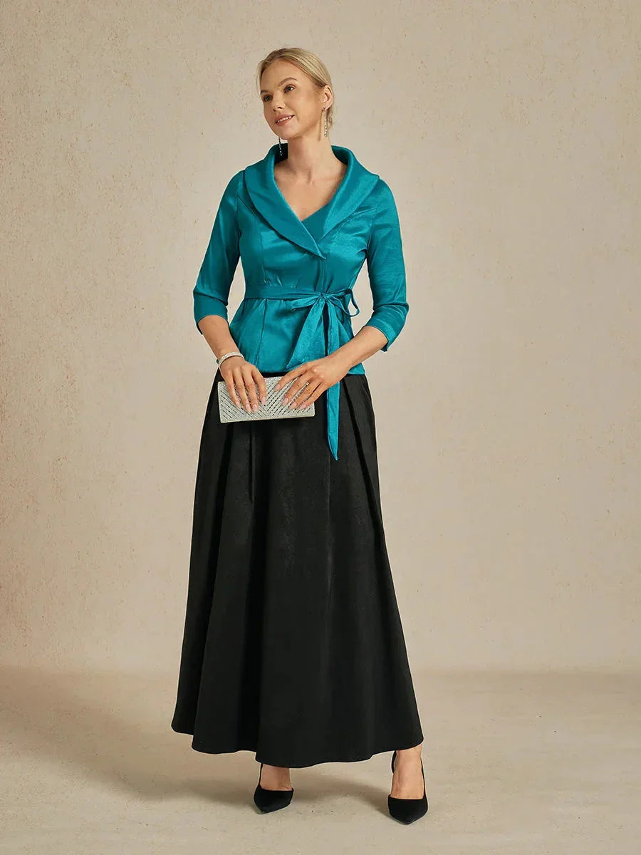 3/4-Sleeve Stretch Taffeta Blouse with Belt Detail