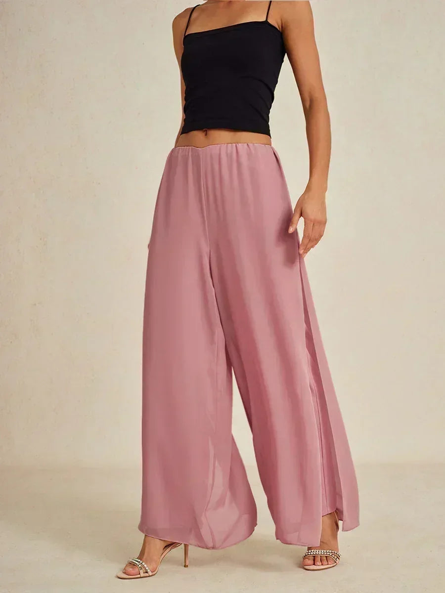Rechte broek met chiffon split been overlay