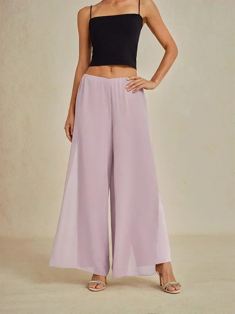 Rechte broek met chiffon split been overlay