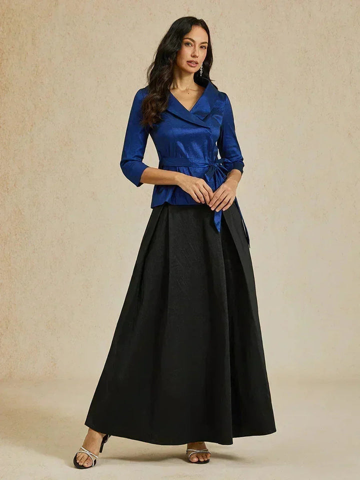 3/4-Sleeve Stretch Taffeta Blouse with Belt Detail