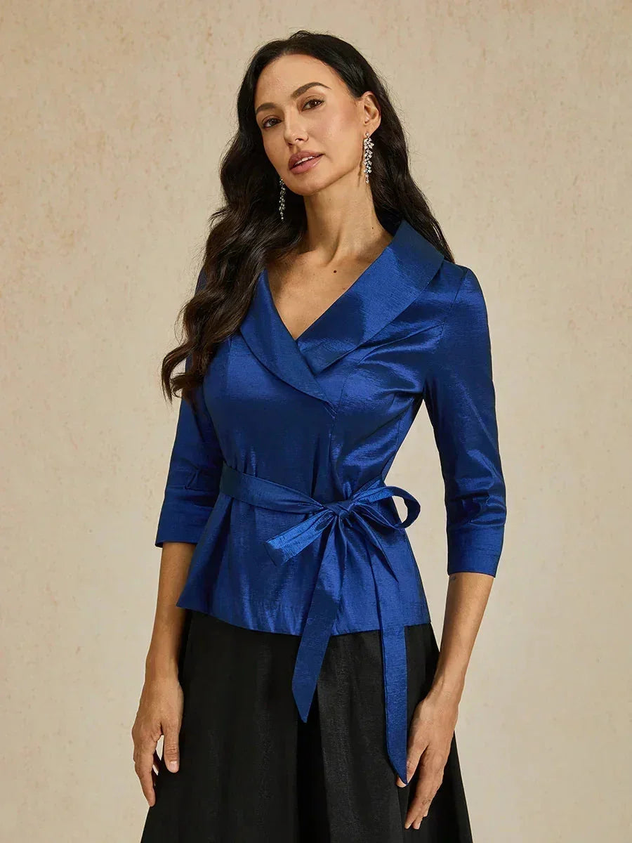3/4-Sleeve Stretch Taffeta Blouse with Belt Detail