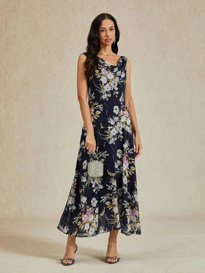 Bloemenprint jurk met col, theelange en volantzoom