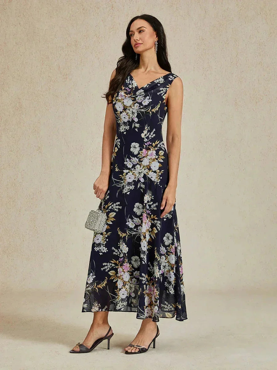 Bloemenprint jurk met col, theelange en volantzoom