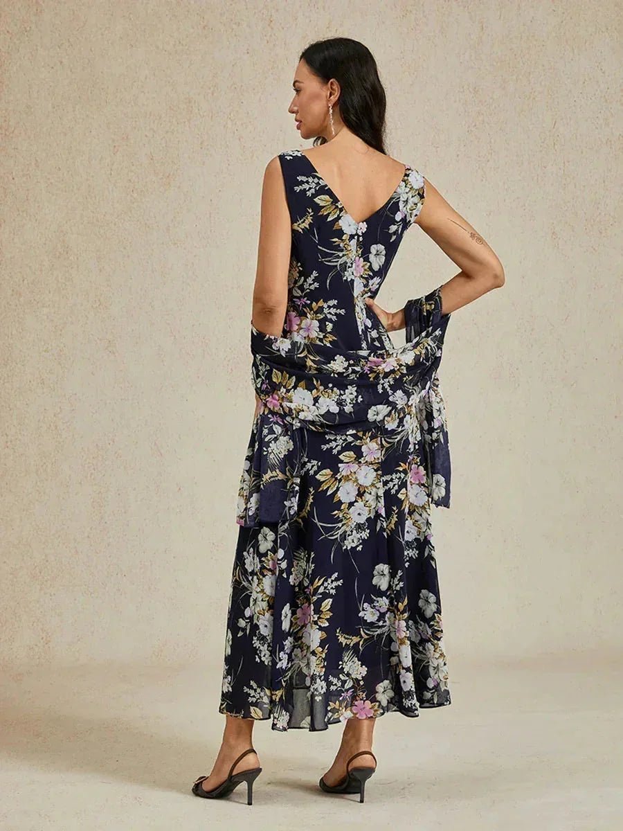 Bloemenprint jurk met col, theelange en volantzoom