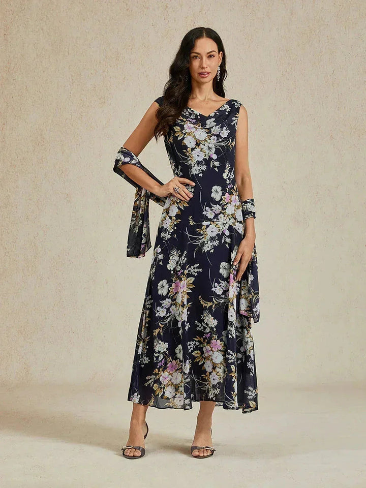 Bloemenprint jurk met col, theelange en volantzoom