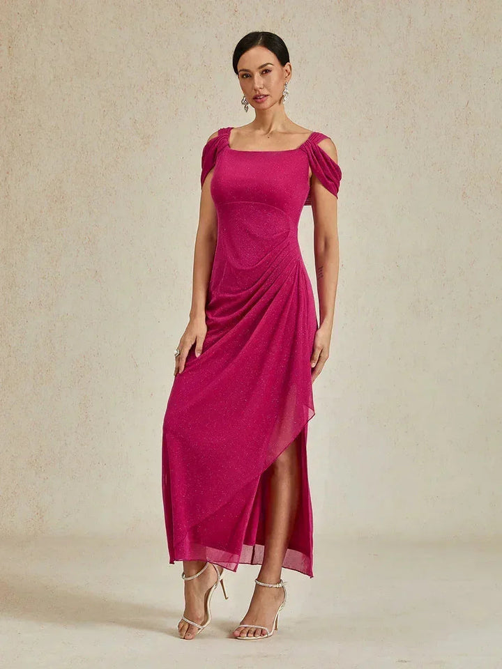 Ankle-Length Cold Shoulder Glitter Mesh Dress