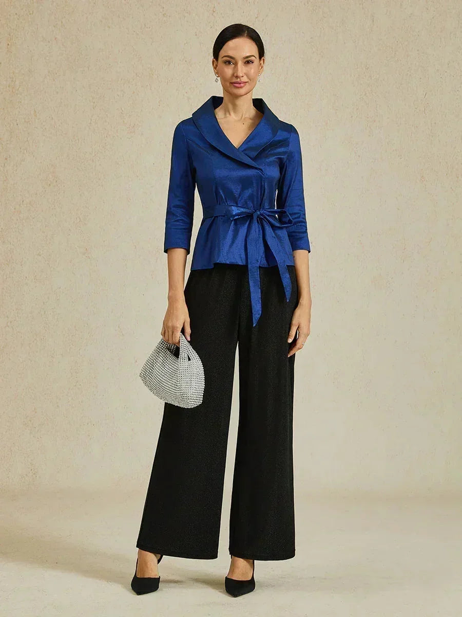 3/4-Mouw Stretch-taffeta Blouse Met Strikdetail In De Taille