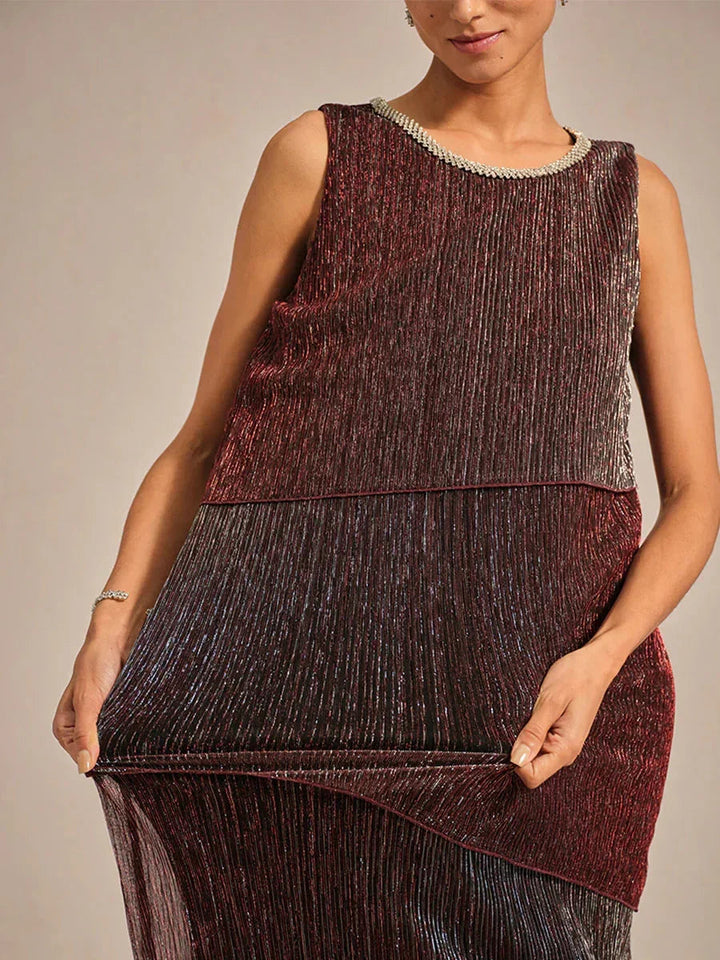Metallic Geplooide Chiffon Midi-jurk met Kralenafgewerkte Ronde Hals
