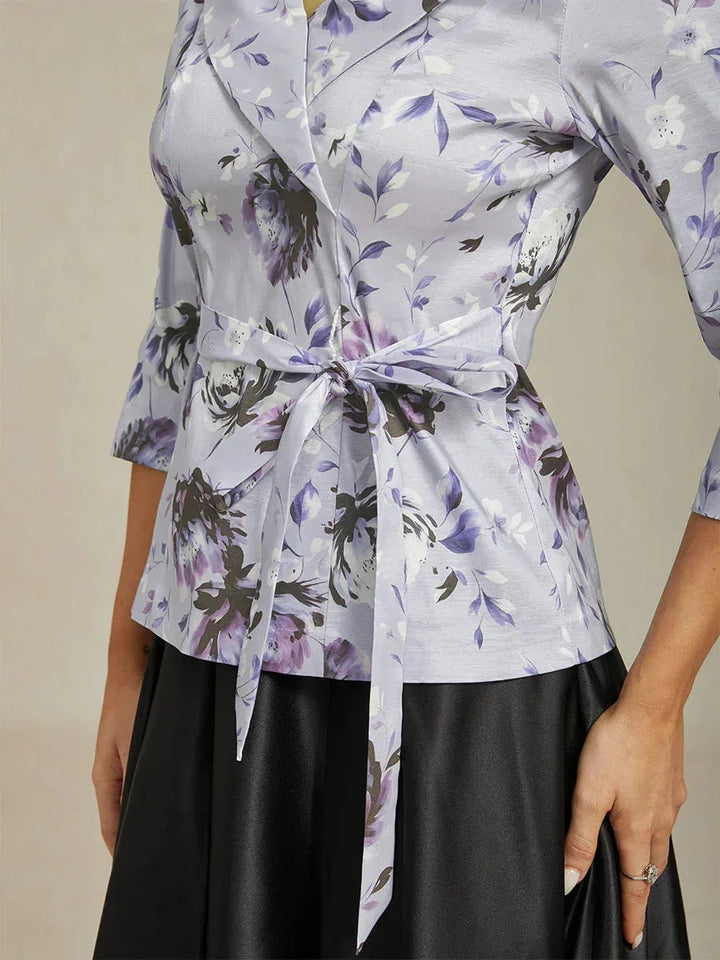 3/4-Mouw Stretchtaffeta Blouse met Strikdetail in de Taille