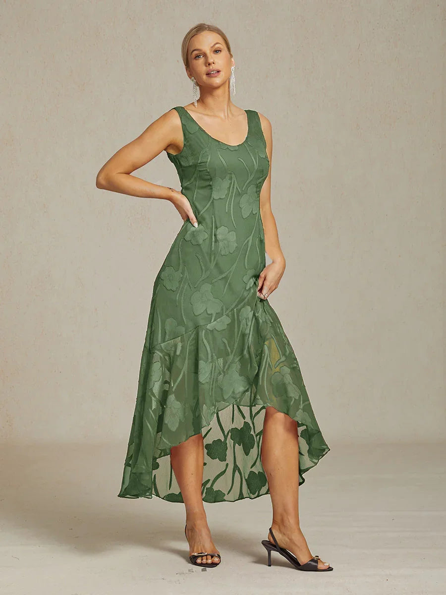 Floral Chiffon Sleeveless Evening Gown with Asymmetrical Hem