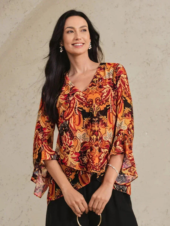 Elegante Boho Chiffon Blouse met Ruches aan de Mouwen
