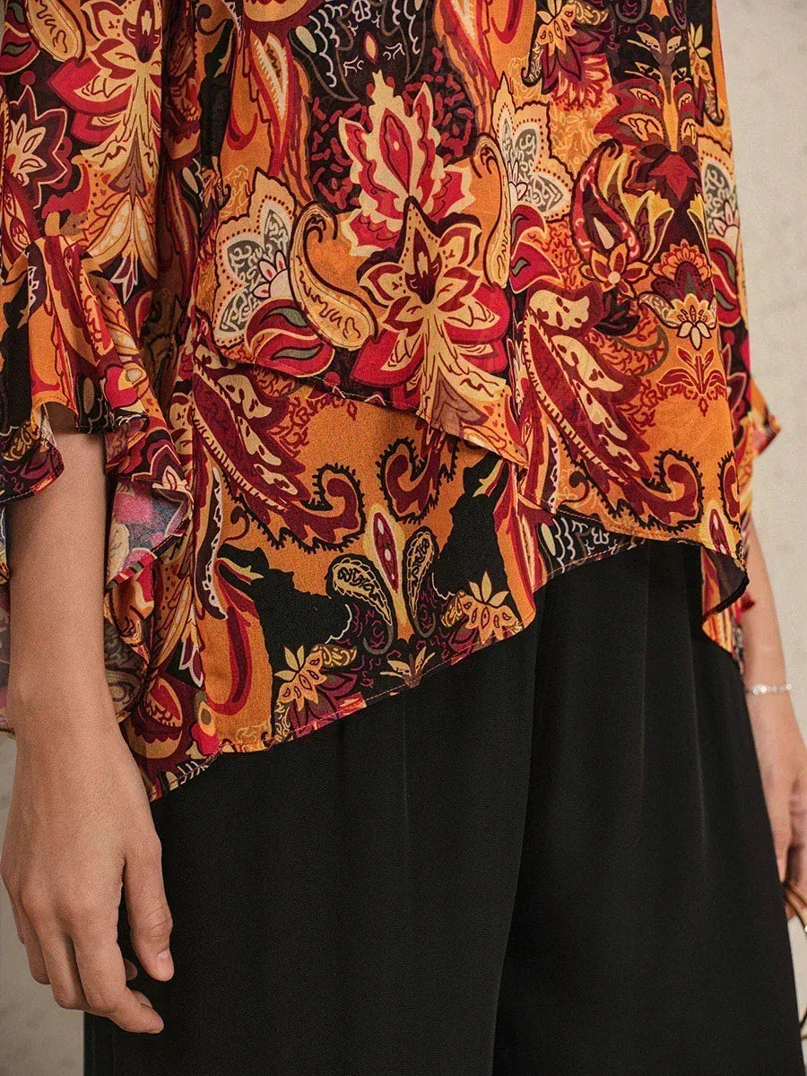 Elegante Boho Chiffon Blouse met Ruches aan de Mouwen