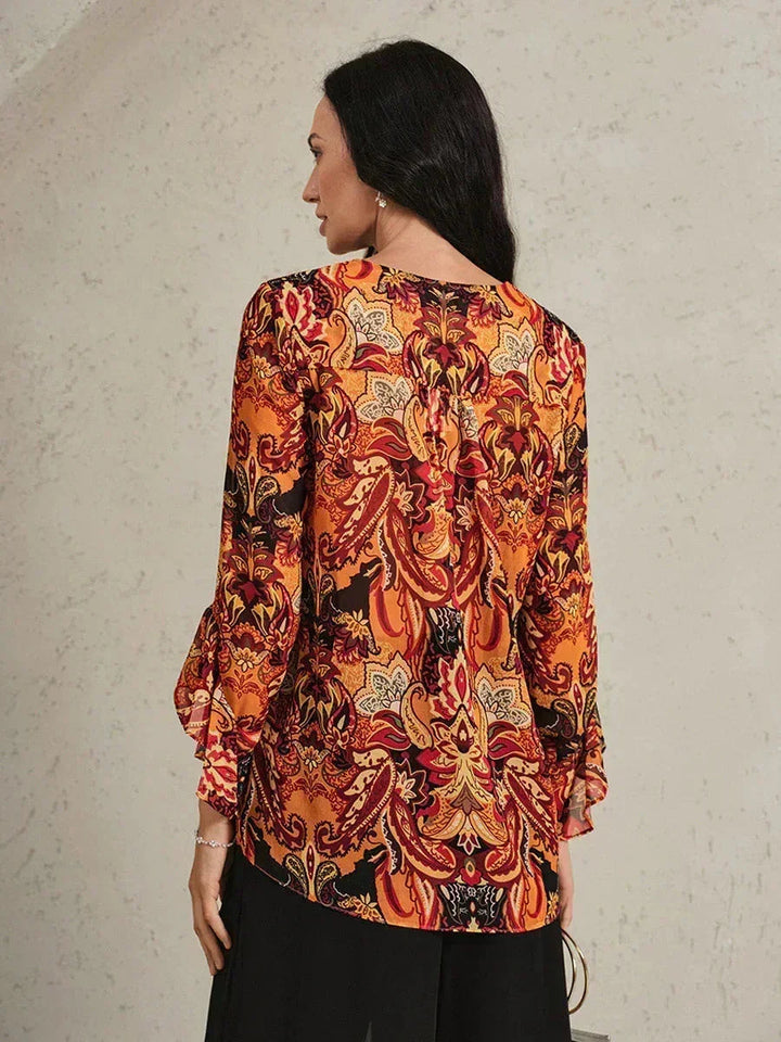 Elegante Boho Chiffon Blouse met Ruches aan de Mouwen