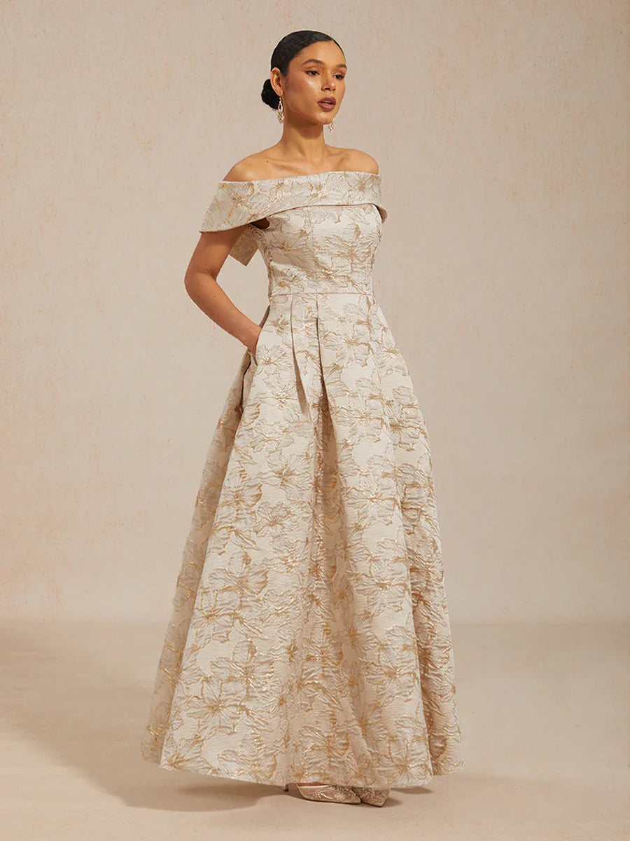 Off-the-Shoulder Metallic Bloemenjacquard Baljurk