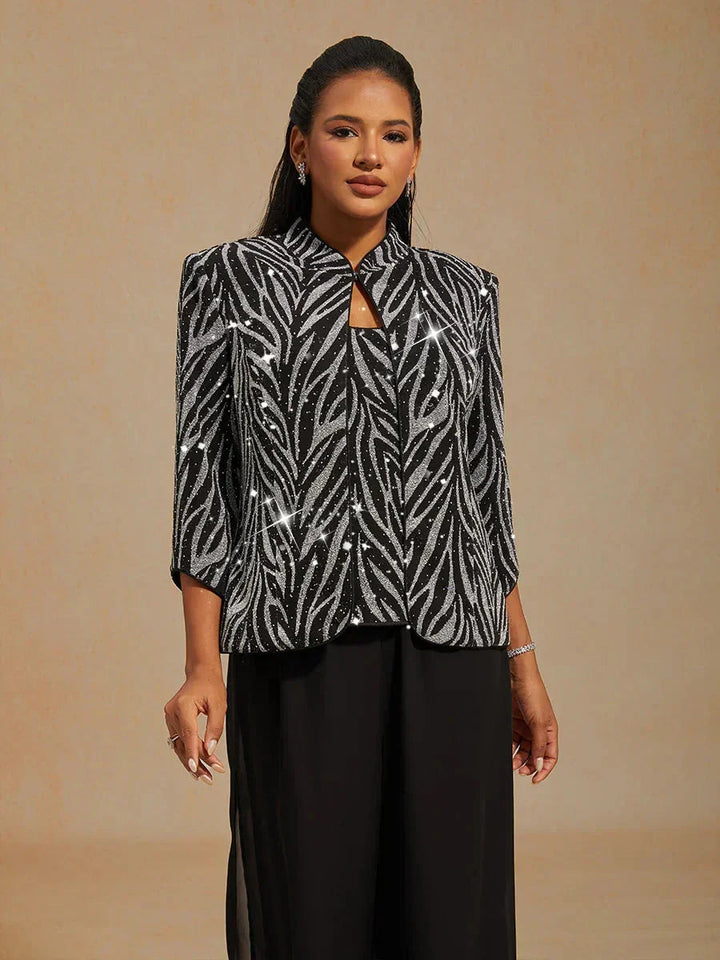 Elegant Mandarin Collar Twinset with Rhinestone Zebra Print