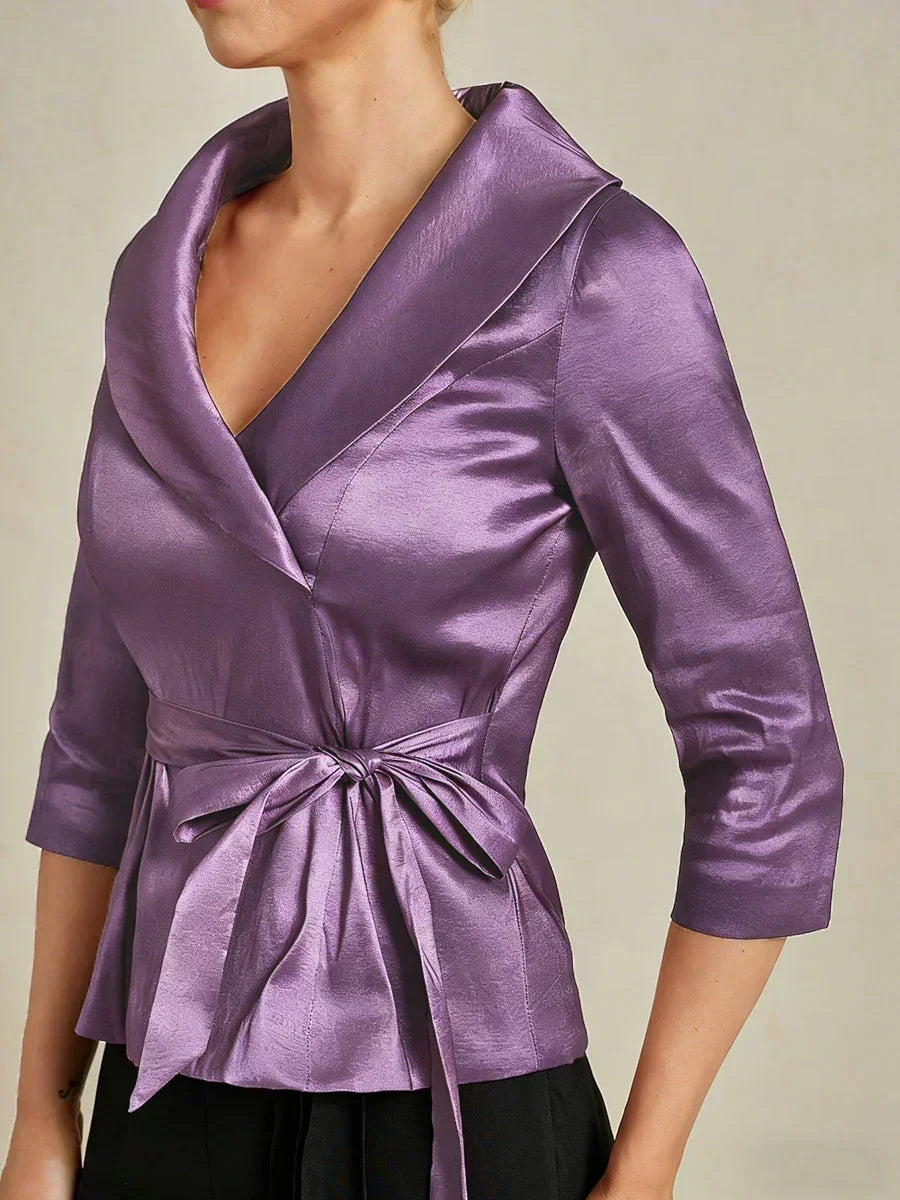 3/4-Mouw Stretch-taffeta Blouse Met Strikdetail In De Taille