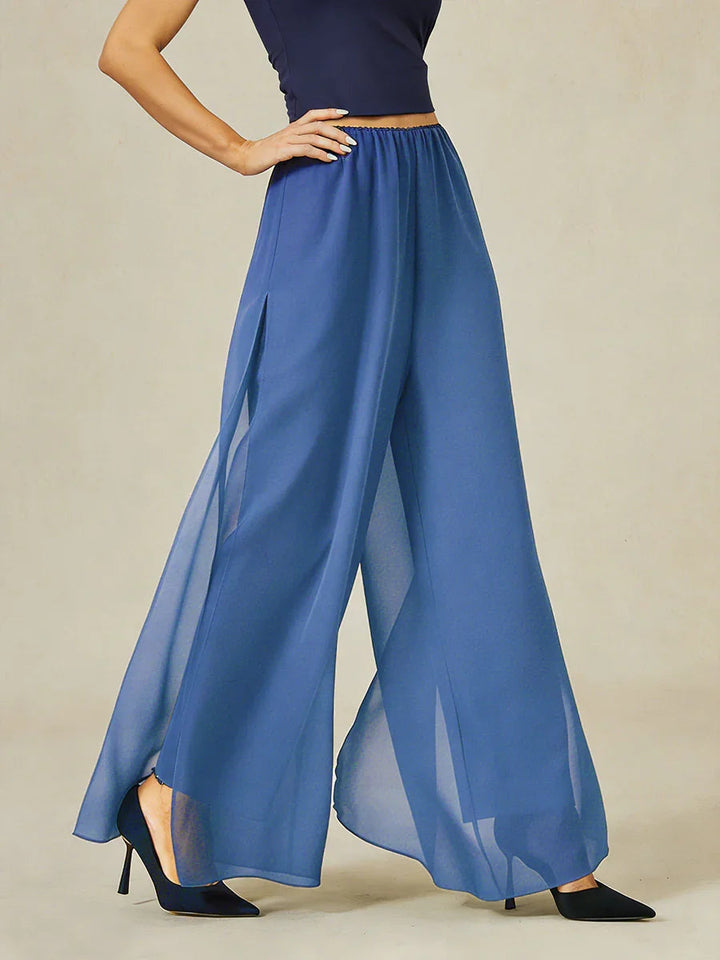 Rechte broek met chiffon split been overlay