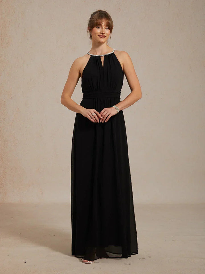Chiffon Parel Halterhals Vloerlang Jurk met Kreukbestendig Chiffon