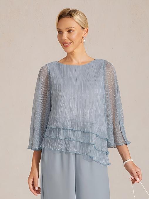 Metallic Pleated Chiffon Asymmetrical Layered Blouse