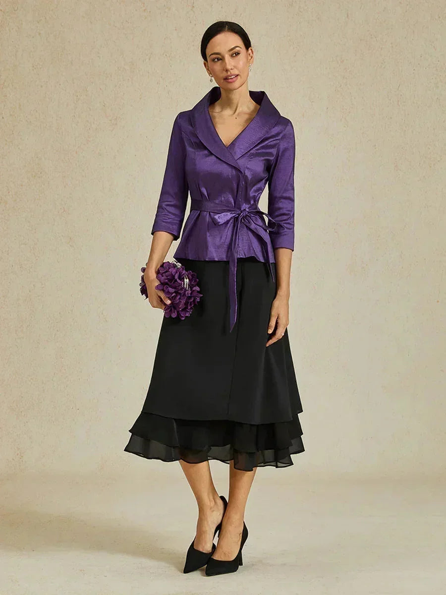 3/4-Sleeve Stretch Taffeta Blouse with Belt Detail