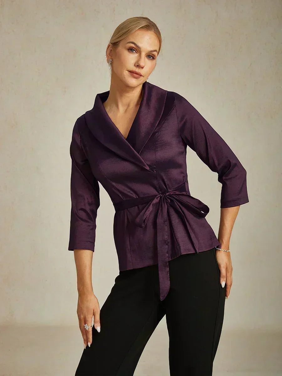 3/4-Mouw Stretch-taffeta Blouse Met Strikdetail In De Taille