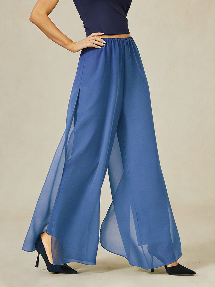 Rechte broek met chiffon split been overlay