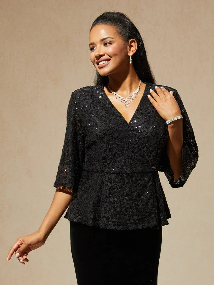 3/4-Mouwblouse van Rekbare Kant met Paillettenaccent