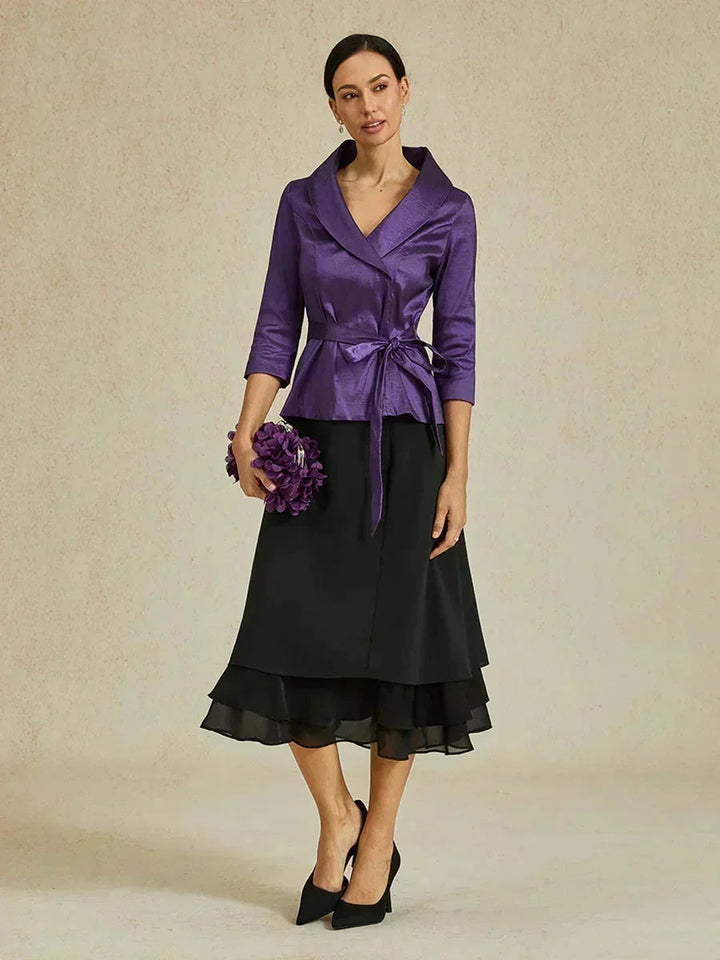 3/4 mouw stretch taffeta blouse met ceintuurdetail