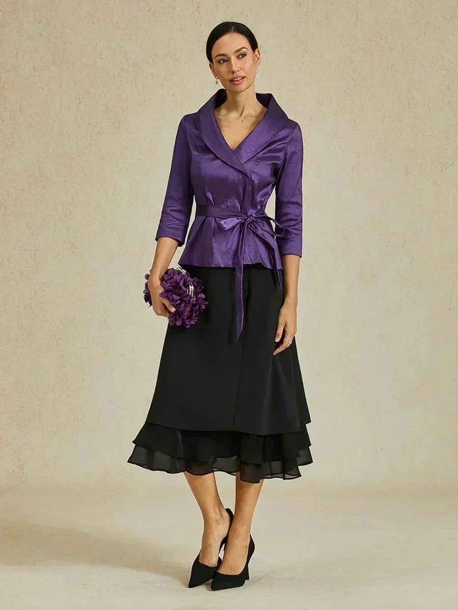 3/4-Sleeve Stretch Taffeta Blouse with Belt Detail