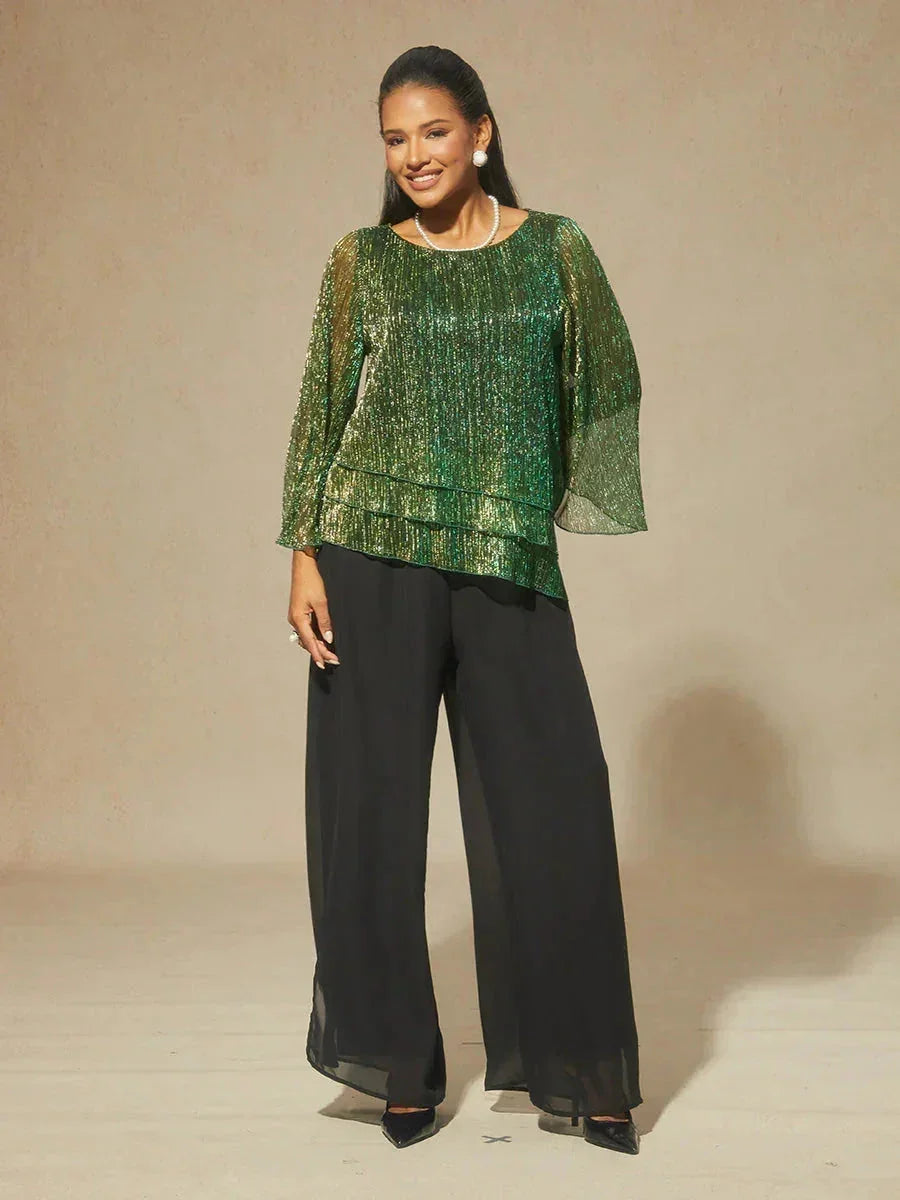 Metallisch Geplooide Chiffon Asymmetrische Gelaagde Blouse