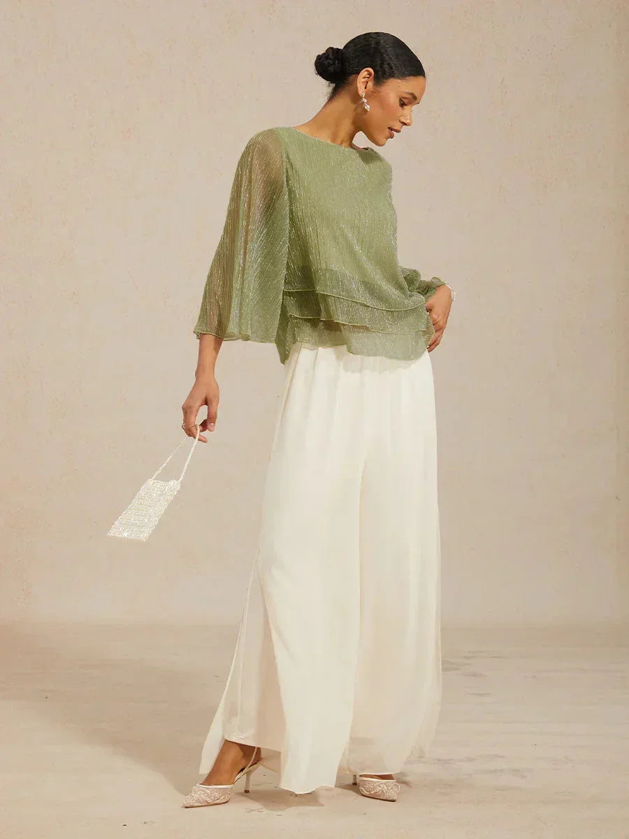 Metallische Geplooide Chiffon Asymmetrische Gelaagde Blouse