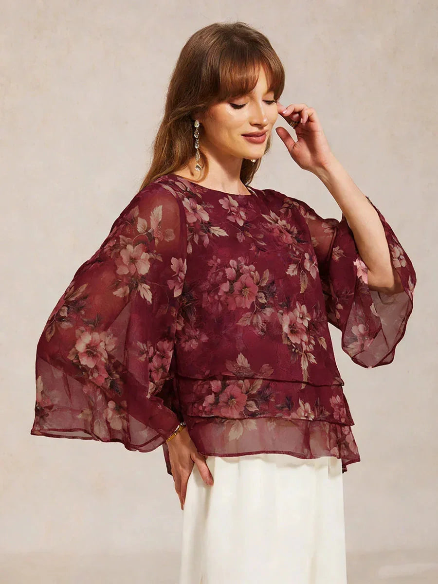 Gelaagde Chiffonblouse met Kant en Bloemenprint