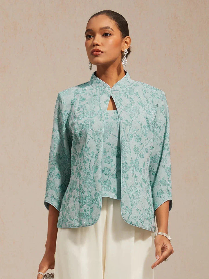 Elegant Mandarin Collar Twinset with Rhinestone Zebra Print