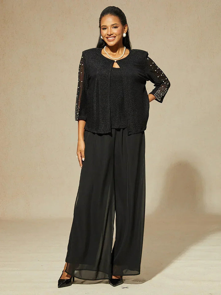 Metallic Knit Blouse with Beading and 3/4 Sleeves