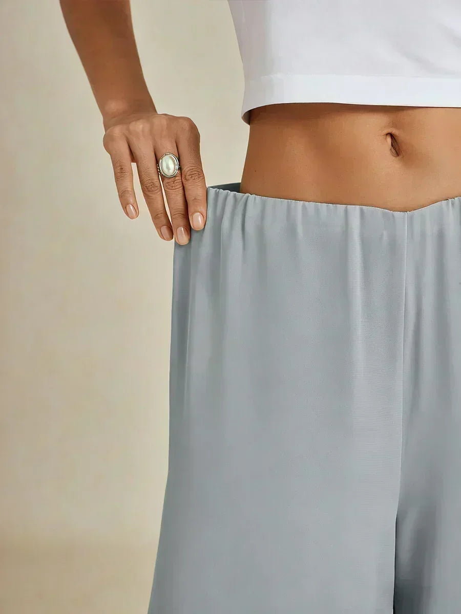 Cropped Length Straight Leg Pant With Chiffon Split Leg Overlay