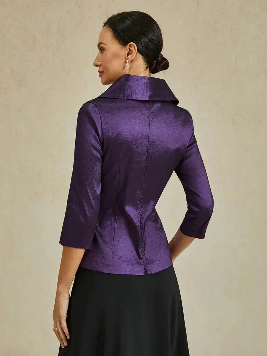 3/4-Sleeve Stretch Taffeta Blouse with Belt Detail