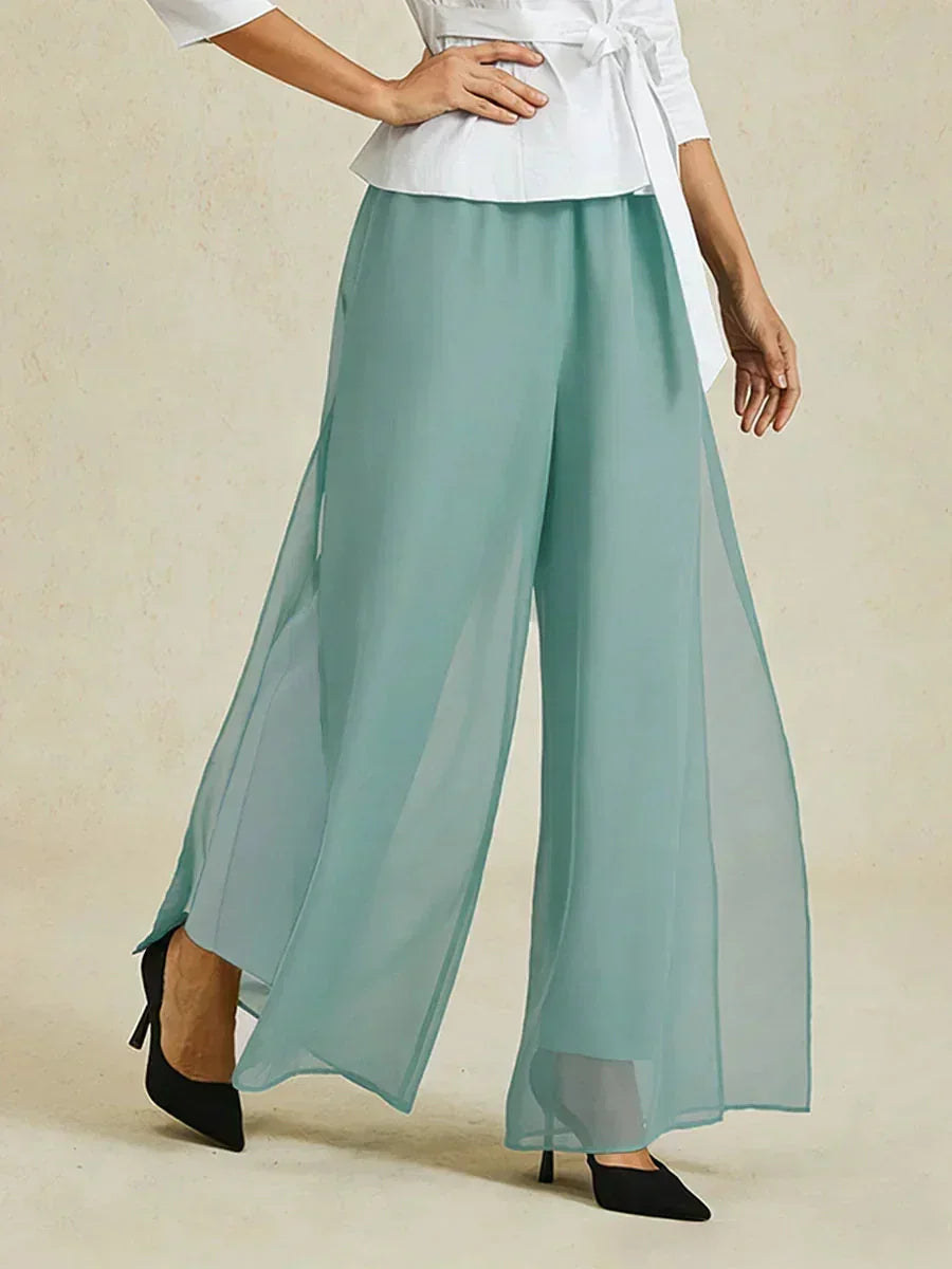 Rechte broek met chiffon split been overlay