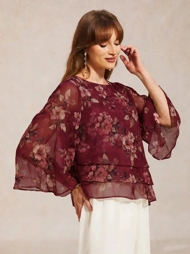 Gelaagde chiffonblouse met kant en bloemenprint