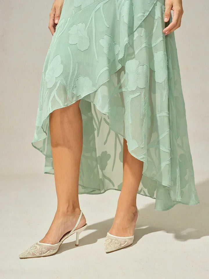 Bloemenchiffon Avondjurk Met Asymmetrische Zoom