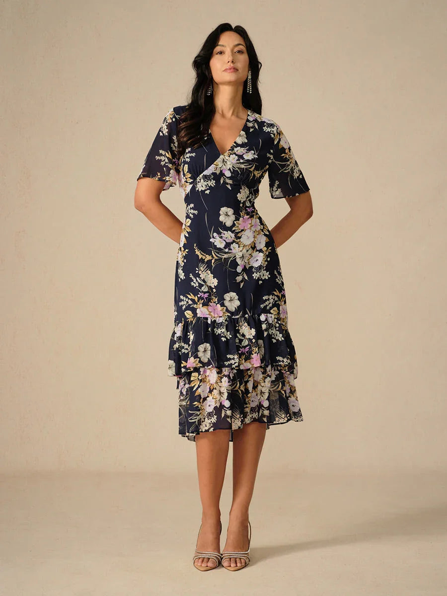 Bloemenchiffon V-hals Midi-jurk met Ruches