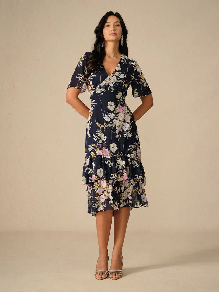 Bloemenchiffon V-hals Midi-jurk met Ruches