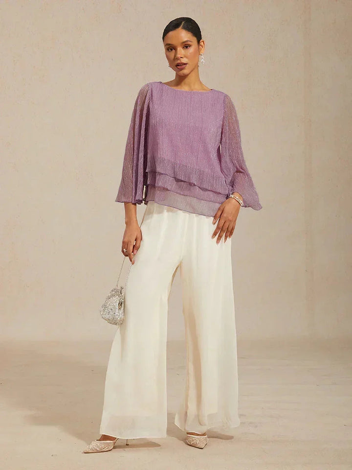 Metallische Geplooide Chiffon Asymmetrische Gelaagde Blouse