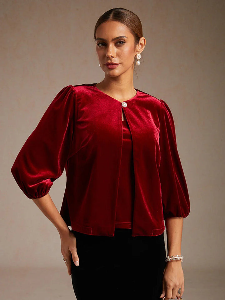 Velvet Puff-Sleeve Twinset with Embellished Neckline Closure