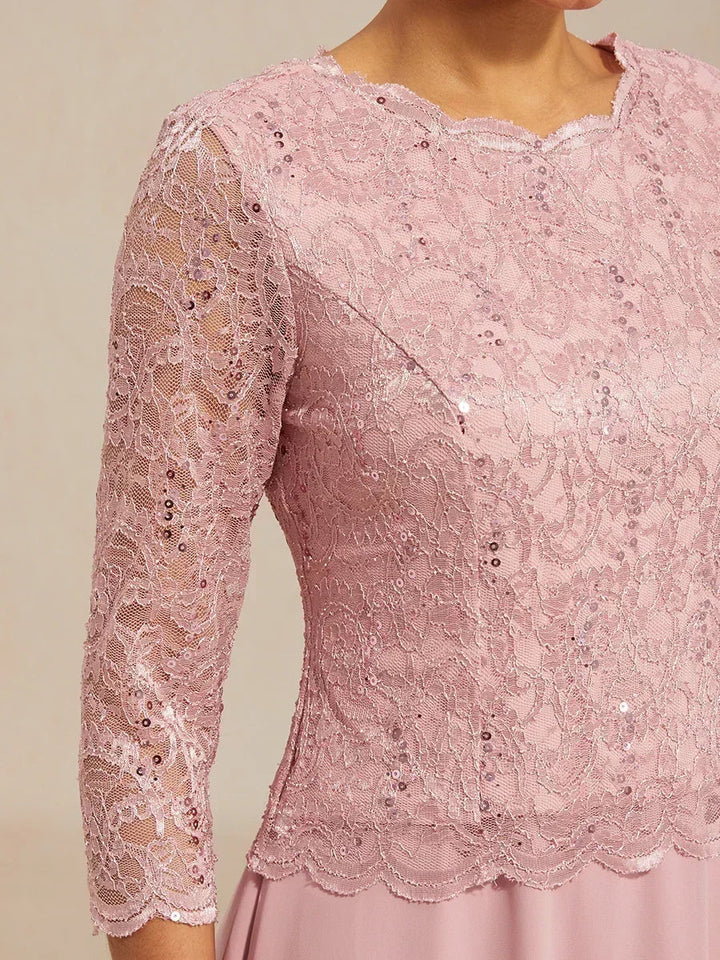 Elegante kanten- en chiffon theelange jurk