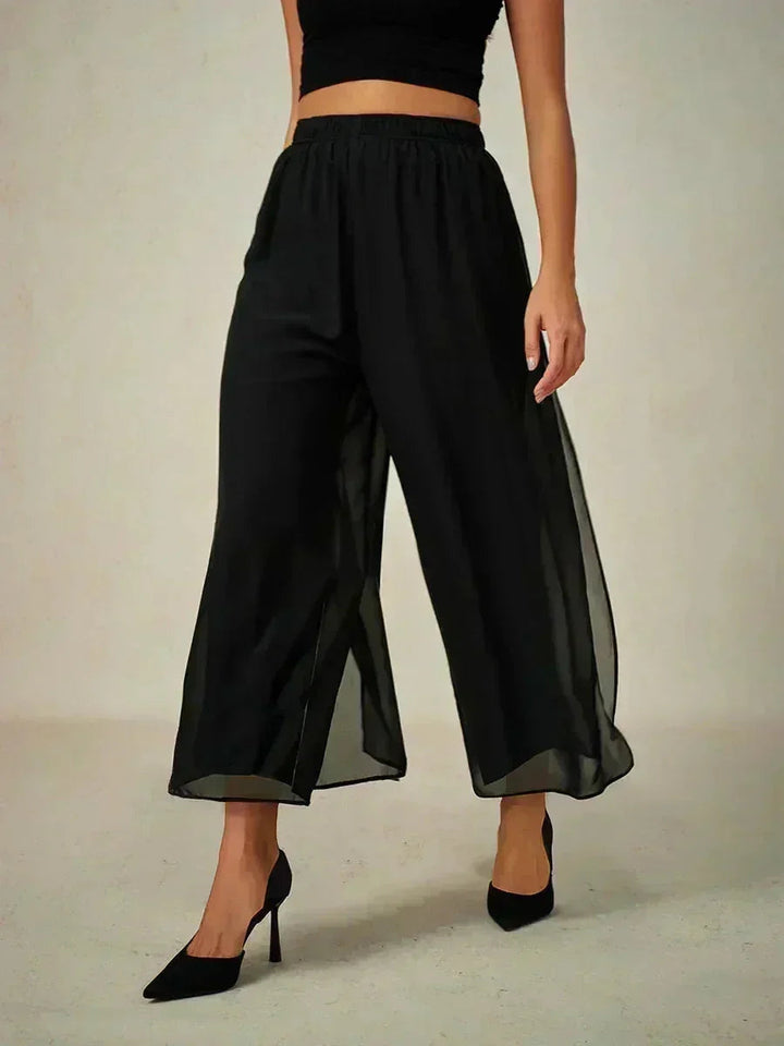 Gecropte Rechte Broek Met Chiffon Split-Overlaag
